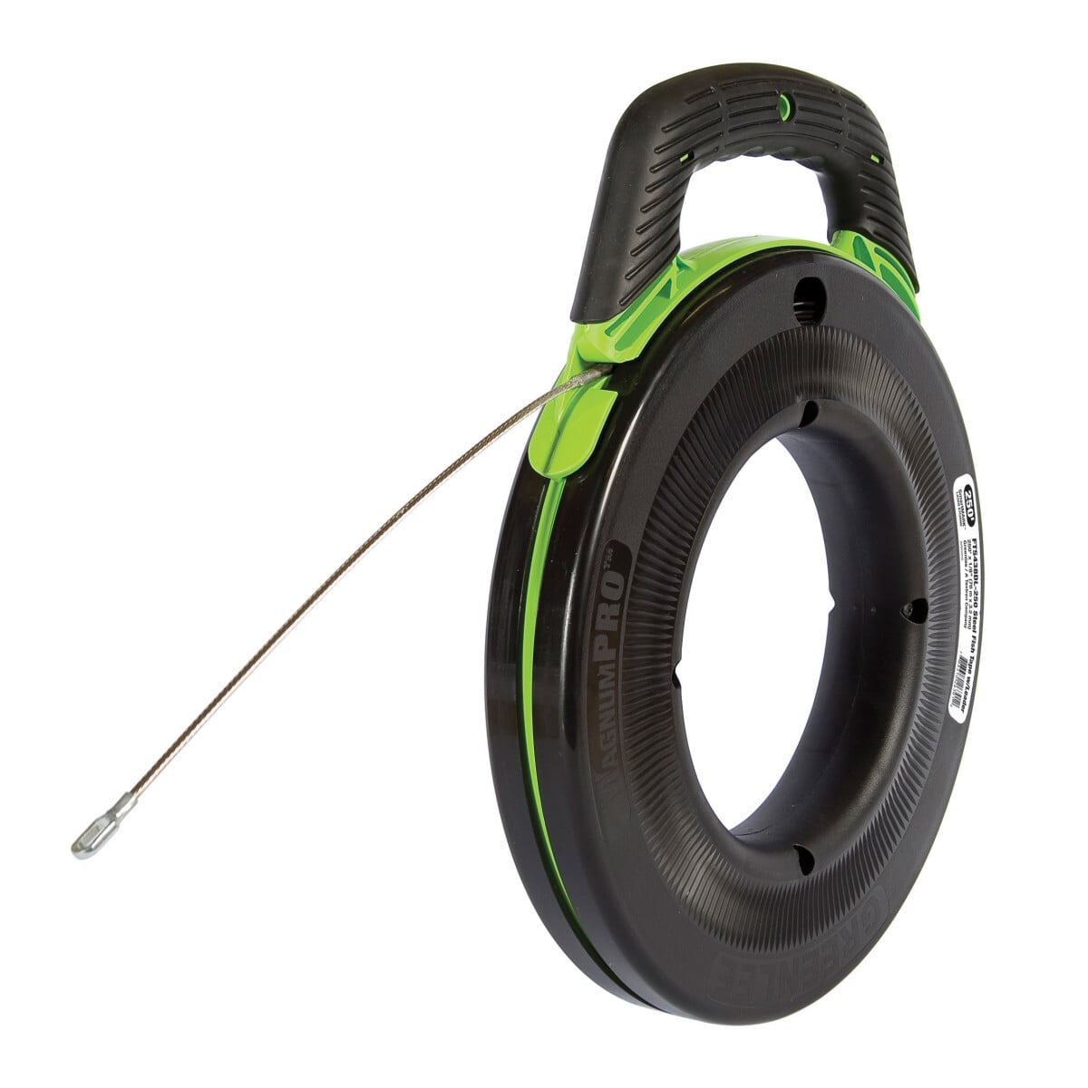 Fishtape, Steel - 250' with Leader.  Laser etched feet & meter distance markings every 1' (.3 m).  Fish farther and faster with the Speed Flex leader.  Advanced overmolded comfort grip and rugged case design.  Superior rapid tape pay-out and rewind.  Viewing ports to see amount of tape remaining in the case. Note: First mark is at 2' (.6 m) since leader is 1' (.3m) long.