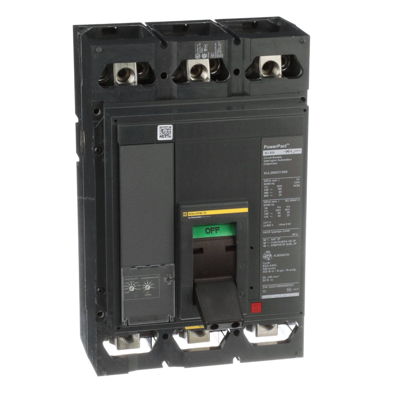 Circuit breaker, PowerPacT M, 300A to 800A, 3 pole, 600VAC, 18kA, lugs, adjustable trip, 80%