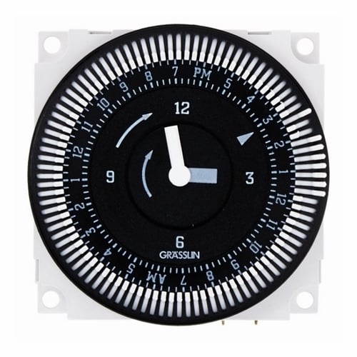 The 24HR TIMER MODULE 21A SPDT 120V Electromechanical Timer Module is designed to be placed inside a machine control panel, circuit board, or other equipment. It offers up to 21 Amp switching designed for control of heating, ventilation, air conditioning, refrigeration, lighting, security, circulating pumps, spas, OEM applications, or any electrical load requiring 24-Hour scheduling.
