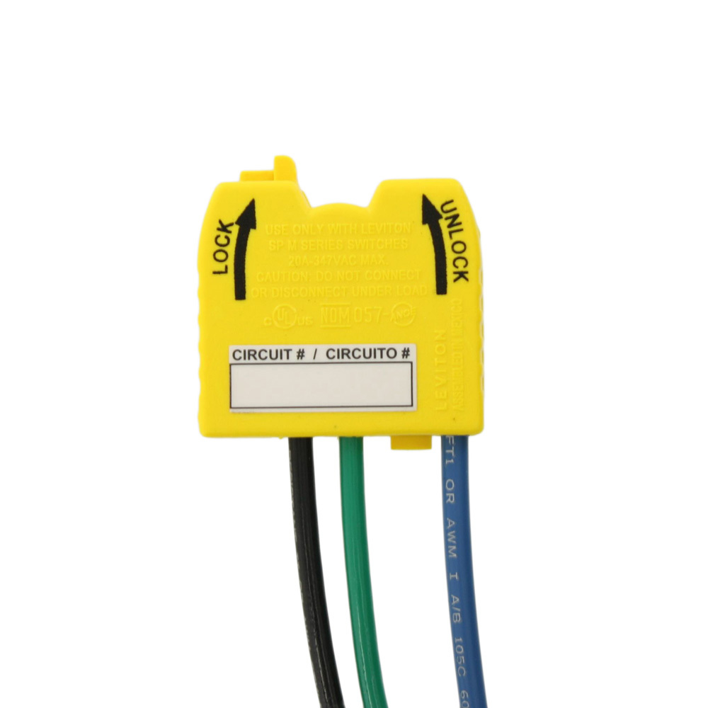 20 Amp, 347 Volt Max, 90 Degree Angled Modular Wire Lead Assembly, with 6" Stranded #12 THHN 90C Wire Leads, 1 Black (Line), 1 Blue (Load), 1 Green (Ground) Single Pole 3-Wire, Yellow