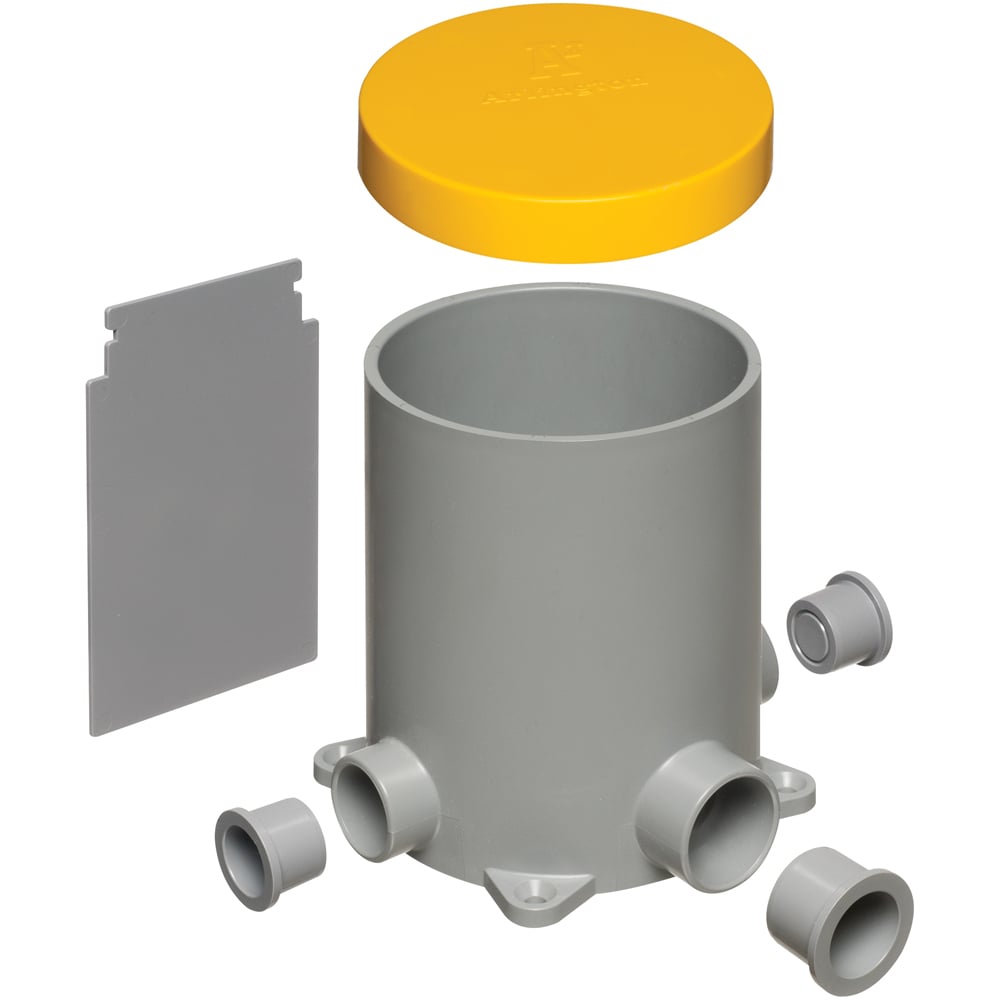 Non-metallic 4-1/2" round box with plugs, low voltage divider and mud cover for new concrete pours.