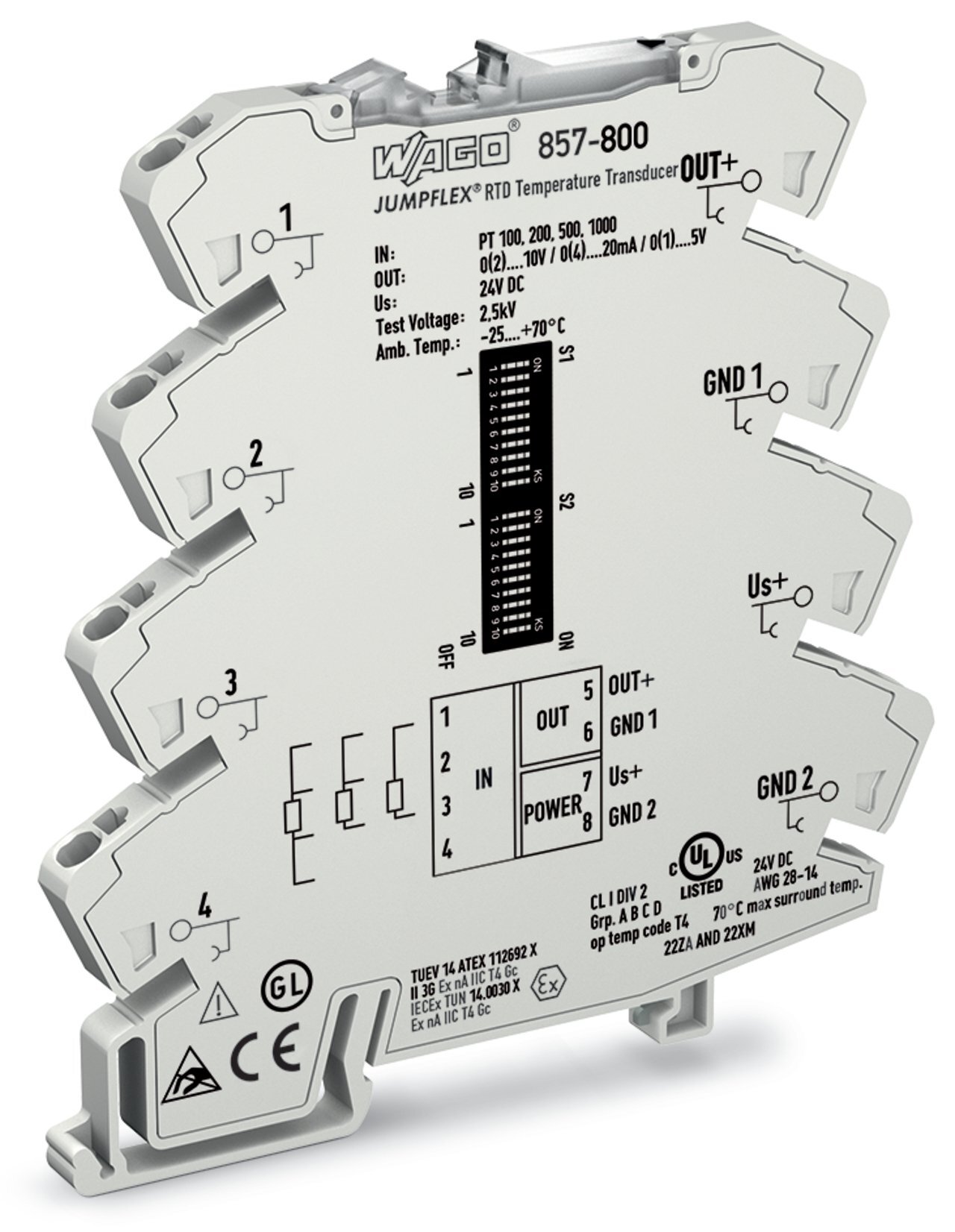 Temperature signal conditioner for RTD sensors; Current and voltage output signal; Configuration via DIP switch; Supply voltage: 24 VDC; 6 mm module width; light gray