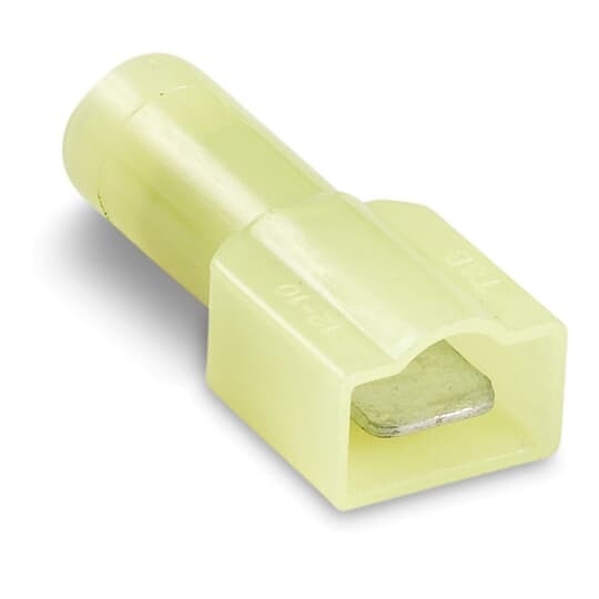 Nylon Insulated Male Tab, Length 1.17 Inches, Width .45 Inches, Maximum Insulated .210, Tab Size .250x.032, Wire Range #12-#10 AWG, Color Yellow, Copper, Tin Plated, 500 Pack