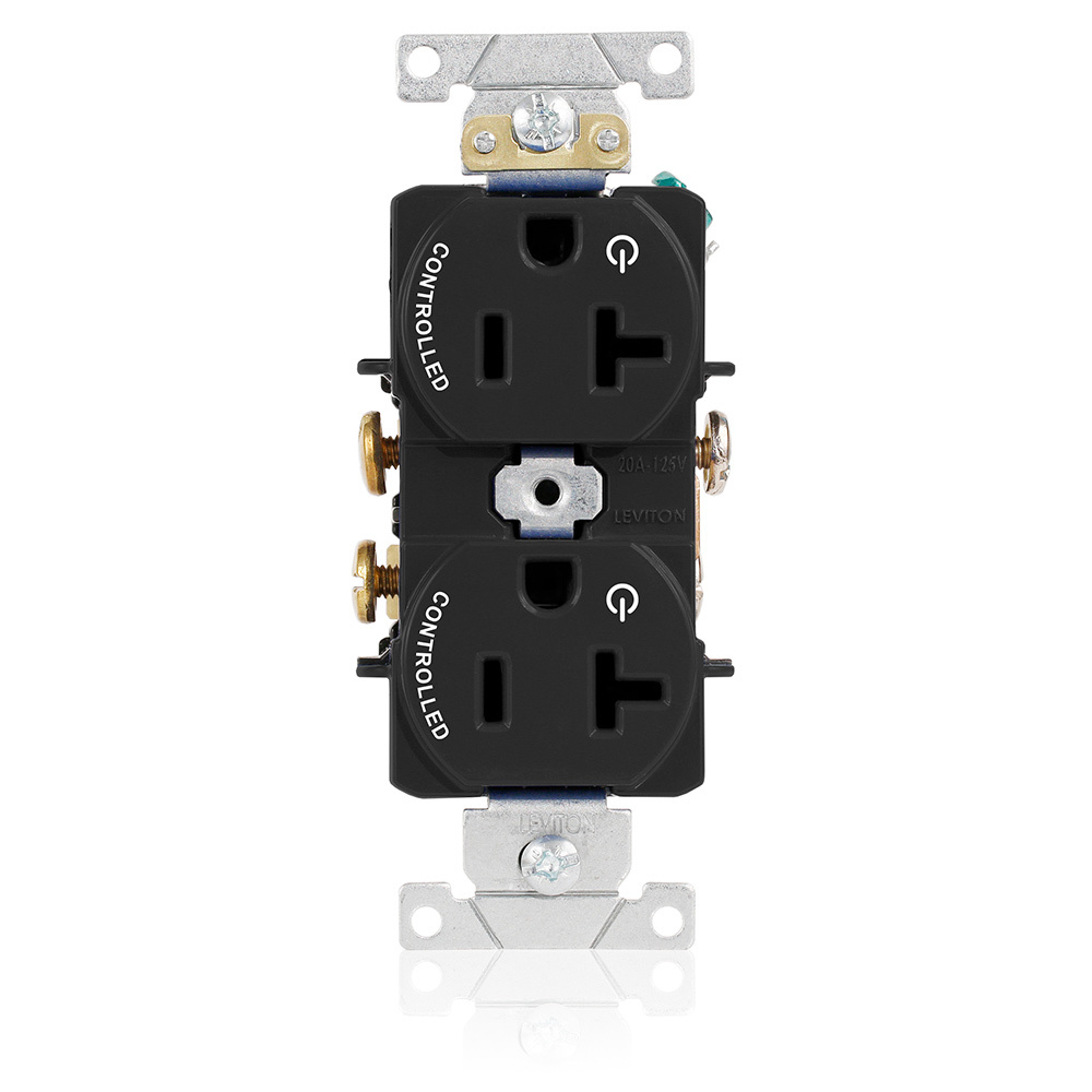 Duplex Receptacle. Narrow Body Design. 2-pole 3-wire. Nema 5-20R. 20A-125V Flat Face. Back And Side Wired. Industrial Spec Grade. Self Grounding.  2 Plugs Controlled Markings - Ivory