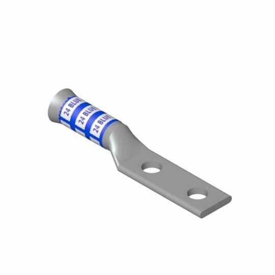 Copper Two-Hole Lug, Long Barrel - Bell Shaped End, Blind End, Max 35kV, 750 kcmil, 1/2 Inch Bolt Size, 1-3/4 Inch Hole Spacing, Tin Plated, Die Code 106, Die Color Code Black