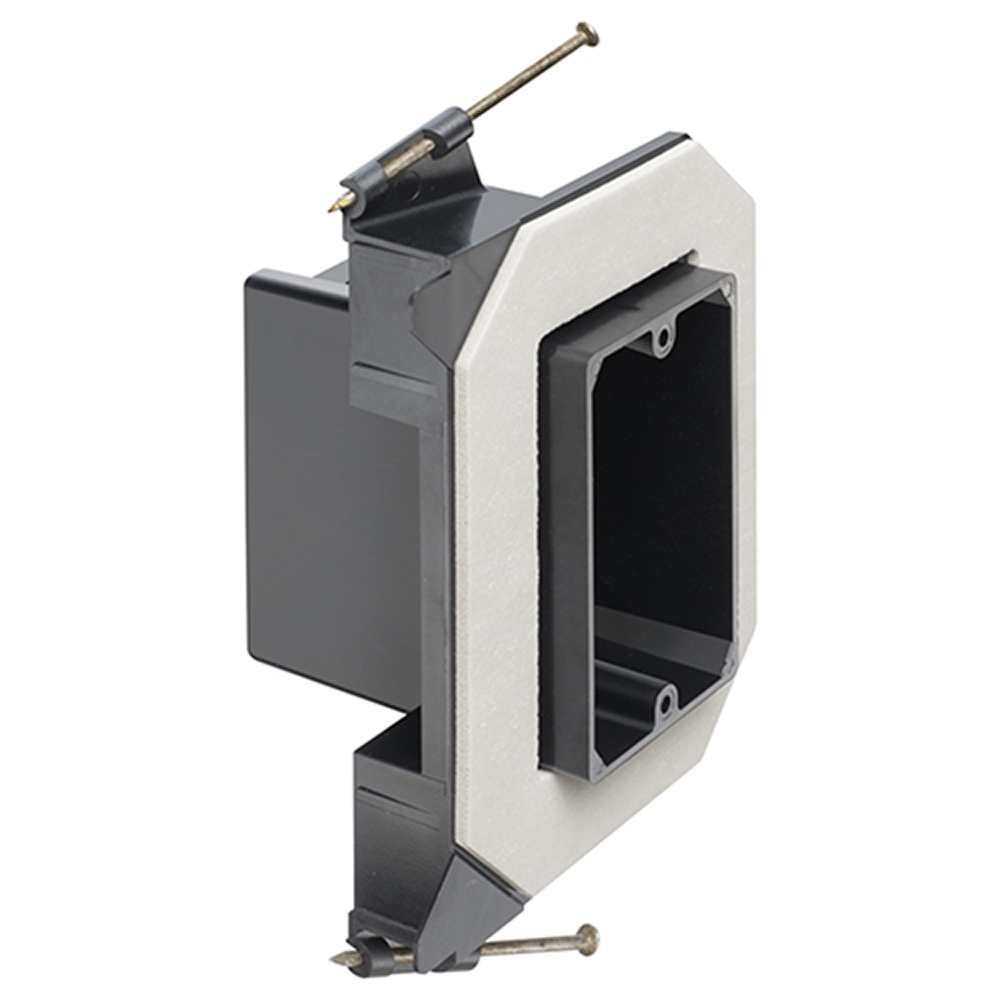Versatile non conductive outlet box for new construction, single gang screw on. 22 cu inches. Ultra thin alignment tabs prevents drywall bulge. 2 Hour Fire Rating.