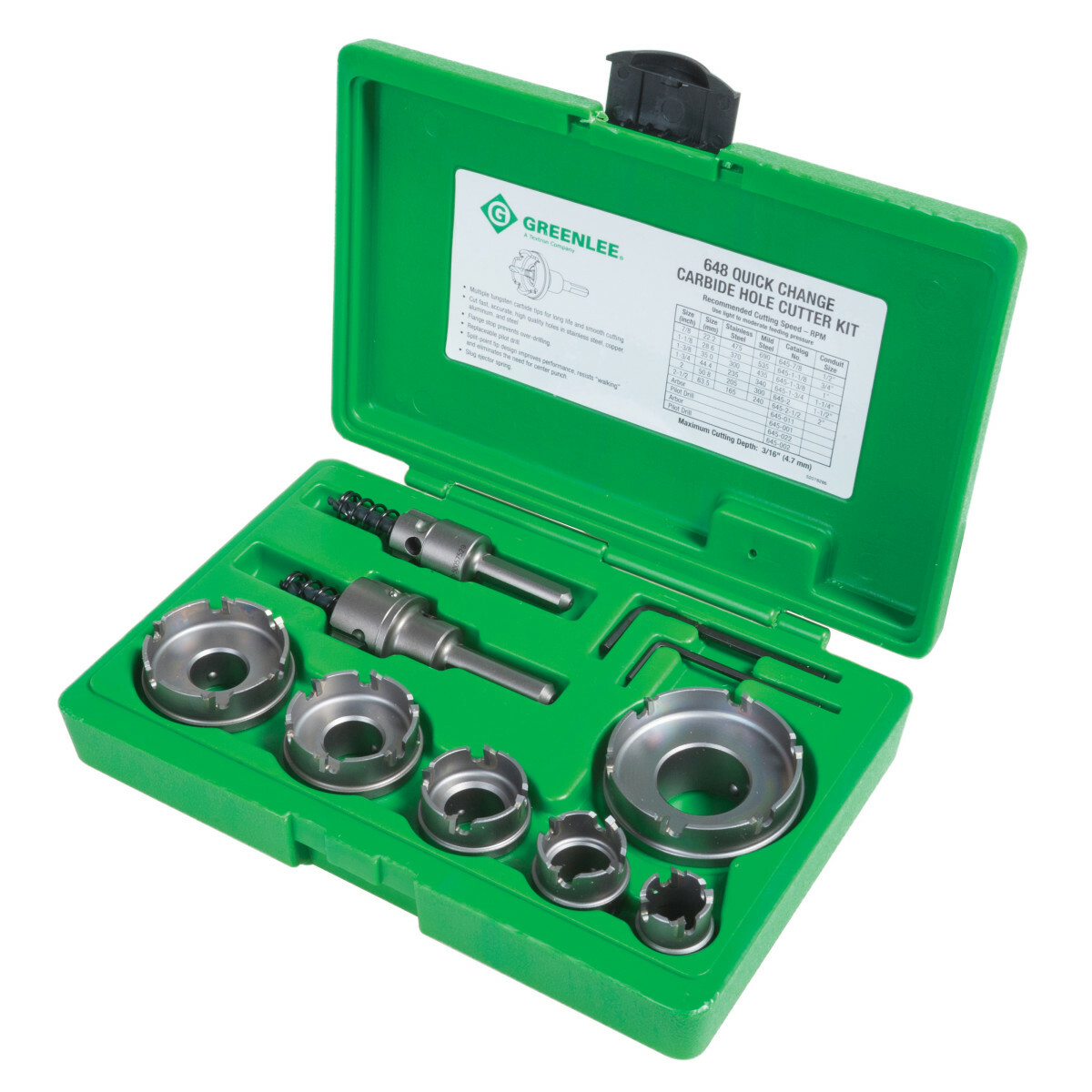 Quick Change Carbide Cutter Kit, 8 Piece Complete Solutions for 1/2" to 2" conduit.  Fast, accurate holes in stainless steel, mild steel, iron, copper, brass, aluminum, fiberglass and plastic sheet.  Extends tool life with reduced friction, torque and heat.  Split point, cobalt-steel pilot drill eliminates walking and penetrates quickly.  Precision engineered, tungsten carbide teeth for fast cutting of round, burr-free holes.  Optimized carbide placement reduces friction and torque  requires less force and generates less heat while cutting.  Flange Stop for Safety  prevents over-drilling.  Ejector Spring  automatic slug removal with every cut.