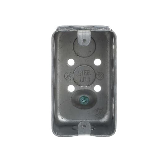 Single Gang Utility Box, 18.8 Cubic Inches, 4-1/8 Inches Long x 2-1/2 Inch Wide x 2-3/16 Inch Deep, 1/2 Inch Knockouts, Pre-Galvanized Steel, Drawn Construction, Factory-Provided Raised Ground Screw Location, with Ground Screw, For use with Conduit