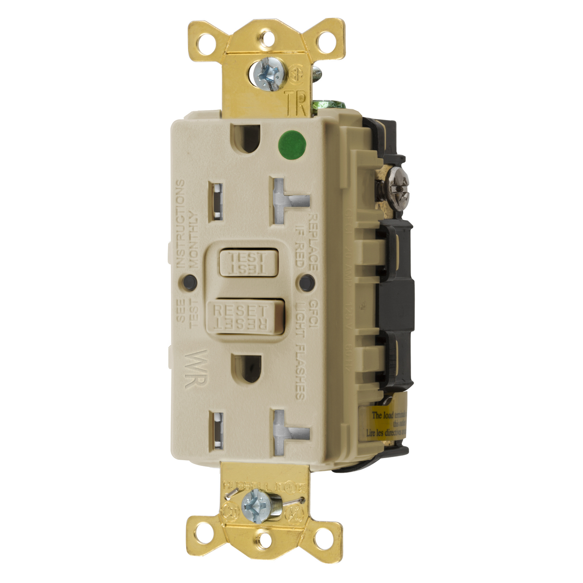 Straight Blade Devices, Receptacle, GFCI, Tamper and Weather Resistant, Commercial Hospital Grade, Self Test, 20A 125V, 2-Pole 3-Wire Grounding, 5-20R, Ivory, US Product.