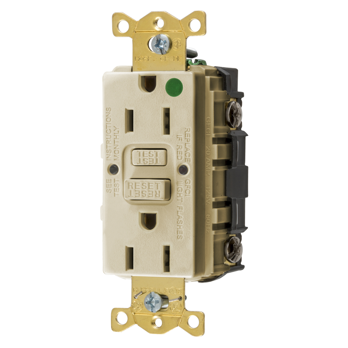 Straight Blade Devices, Receptacle, GFCI, Commercial Hospital Grade, Self Test, 15A 125V, 2-Pole 3-Wire Grounding, 5-15R, Ivory