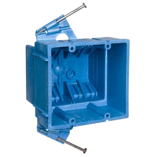 Two-Gang New Work Outlet Box, Volume 35 Cubic Inches, Length 3.55 Inches, Width 2.11 Inches, Depth 3.50 Inches, Color Blue, Material PVC, Mounting Means Nails