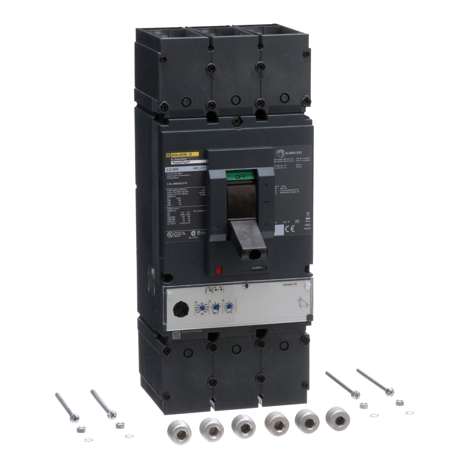 Circuit breaker, PowerPacT L, 600A, 3 pole, 600VAC, 18kA, lugs, MicroLogic 3.3, 80%