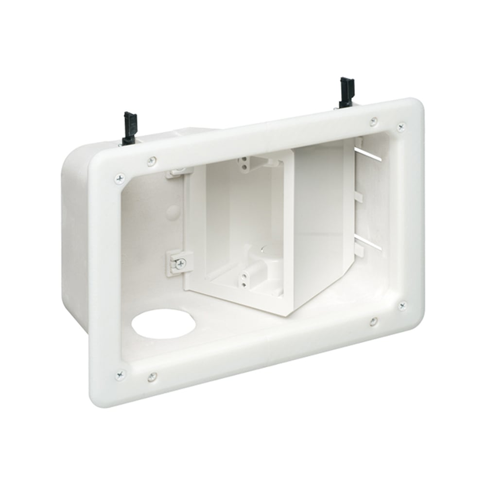 Plastic recessed TV BOX with angled opening for new or old construction. Combo box for power and low voltage. paintable trim plate.