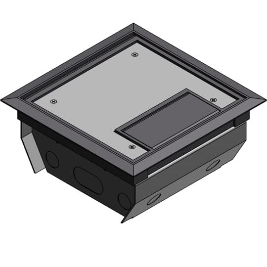 Three Compartment Raised Access Floor Module, 150 Cubic Inches, Floor Cut Out Length 7-15/16 Inches, Width 7-15/16 Inches, Cover Size Length 7-5/8 Inches, Width 7-5/8 Inches, Depth 4 Inches, Galvanized Steel with Gray Cover