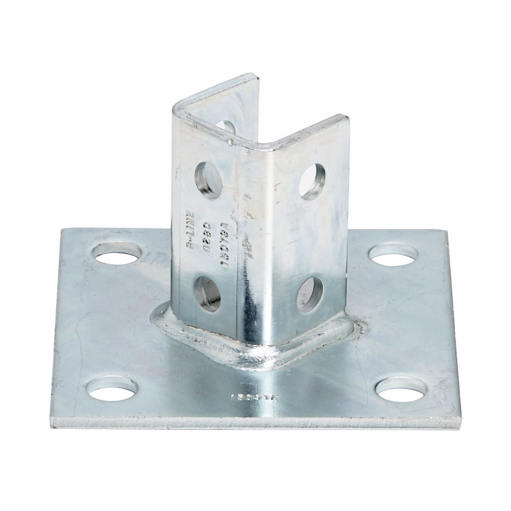 Eaton B-Line series post base, 3.5" H x 6" L x 6" W, Steel, Electro-plated, Fits channel B22, Square post base, centered offset