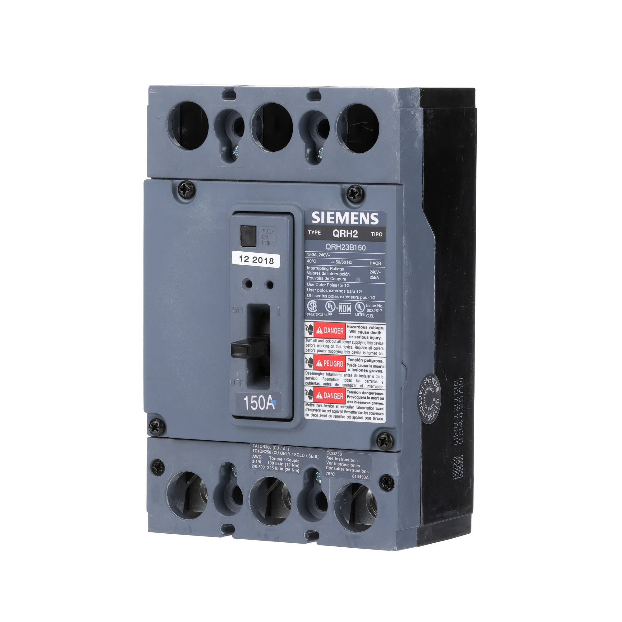  Low Voltage Molded Case Circuit Breakers General Purpose MCCBs, TM - are Circuit Protection Molded Case Circuit Breakers. 3-Pole circuit breaker Type QRH2 HACR rated. Rated 240V (125A). AIR (25 kA). Special features UL listed for reverse feed applications, (AL) load side lugs installed.