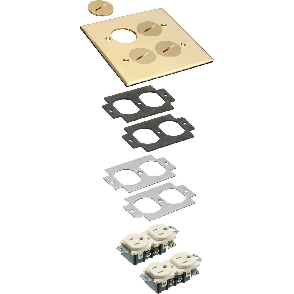 Metallic covers with threaded plugs. Two gang. brass. with four threaded plugs.