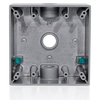 Two Gang Die-Cast Weatherproof Box with Three 1/2" Diameter Outlets, Includes Mounting Hardware and Inserts to Cover Unused Openings - GRAY