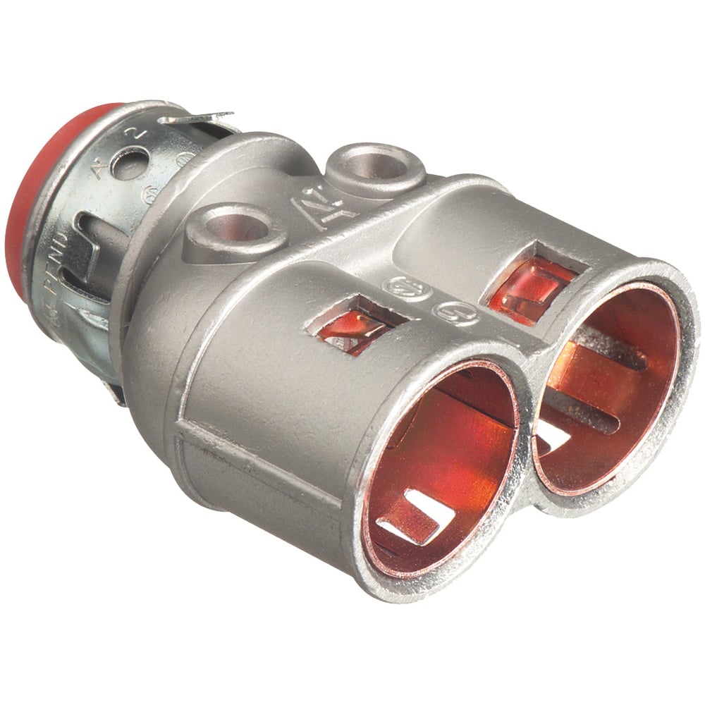 Duplex zinc die-cast, 1/2" Knockout MC cable connector snaps quickly on to the conduit with an internal spring steel clip and then snaps into knockout with external spring steel clip, no tools required. Concrete tight when taped. Red tinted internal clip indicates easier insertion of conduit and comes with Insulated throat.