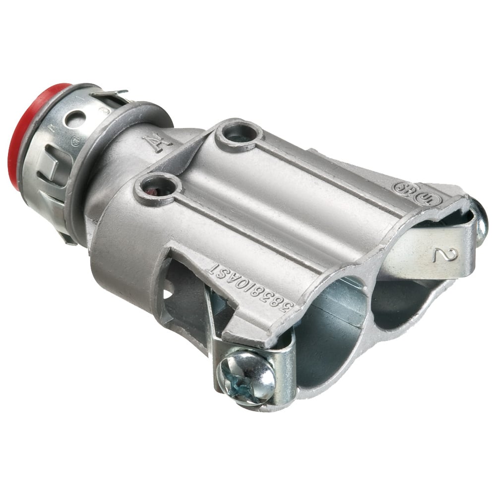 Duplex zinc die-cast, 3/8" Knockout MC cable connector snaps quickly on to the conduit with a removable screw in spring steel clip and then snaps into knockout with external spring steel clip, no tools required. Concrete tight when taped. Comes with Insulated throat.