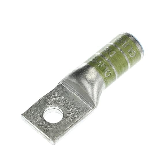Aluminum One-Hole Lug, Long  Barrel, Max 35kV, 2/0 AWG Wire, 3/8 Inch Bolt Size, Tin Plated, Blind End, Die Code 54, Die Color Code Olive