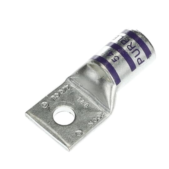 Copper One-Hole Lug, Standard Barrel, Max 35kV, Wire Size 4/0 AWG, 5/16 Inch Bolt Size, Tin Plated, Die Code 54, Die Color Code Purple