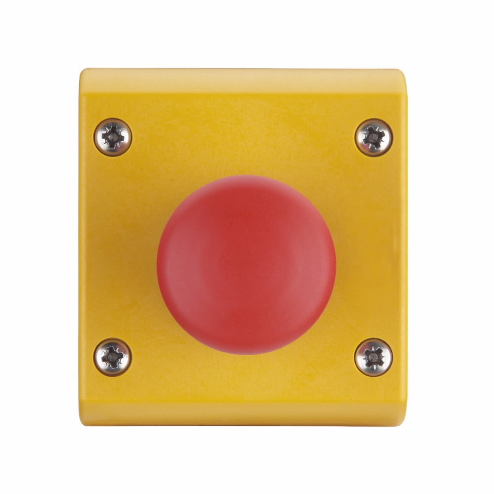 M22 Assembled One Element Control Station, 22.5 mm, 40 mm Push-Pull Mushroom Head, Maintained, Non-illuminated, Button: Red, 1NC, IP66, UL (NEMA) Type 4X, 13, Horizontal, Base: Black, Enclosure: Yellow