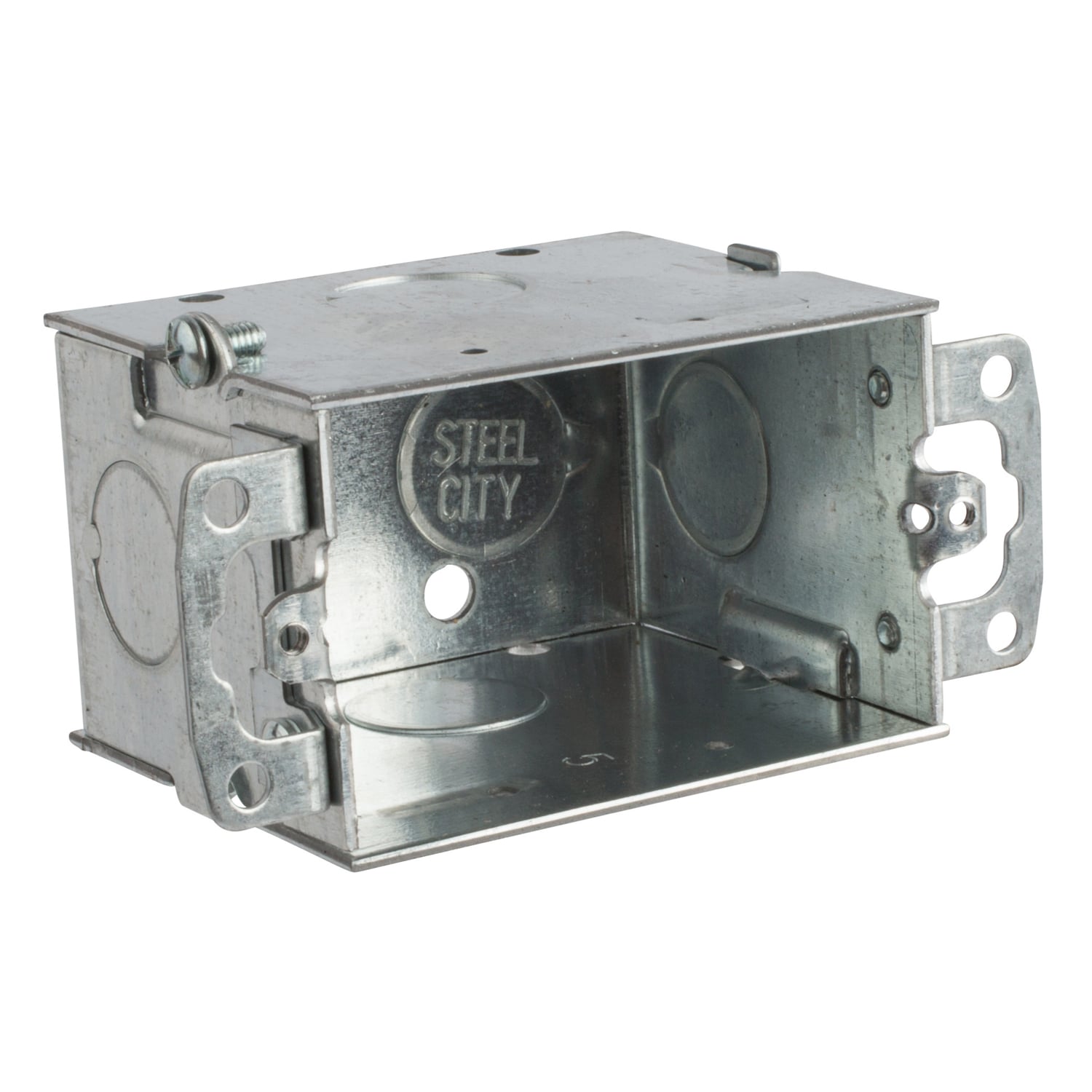 Gangable Switch Box, 12.5 Cubic Inches, 3 Inches Long x 2 Inches Wide x 2-1/2 Inches Deep, 1/2 Inch Knockouts, Galvanized Steel, Two Nail Holes in Sides, Furnished with Plaster Ears