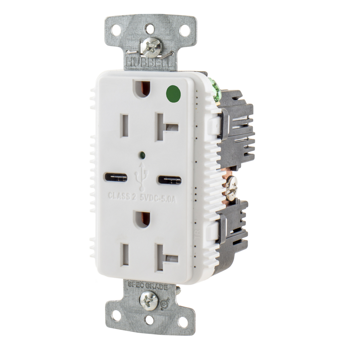 USB Charger Duplex Receptacle, HospitalGrade, 20A 125V, 2-Pole 3-Wire Grounding, 5-20R, 2) 5A "C" Ports, White