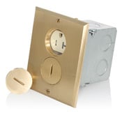 Floor Box Assembly, 1-gang, Includes Brass Floor Plate, Gasket (1),  Screw  Caps (2),  O - Ring (2), Electrical Box (1) And Ivory  Duplex  Receptacle (TBR15-I) 15A-125V, 2-Pole, 3-wire, Grounding, NEMA 5-15R, Brass.