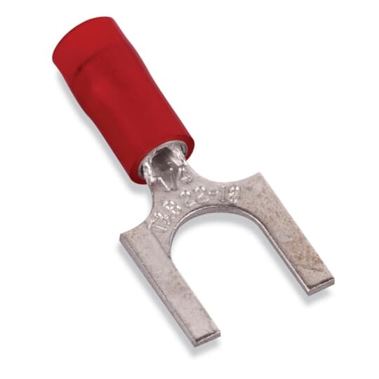 Nylon Insulated Fork Terminal, Length .83 Inches, Width .25 Inches, Maximum Insulation .136, Bolt Hole #6, Wire Range #22-#16 AWG, Color Red, Copper, Tin Plated, On Mylar Tape