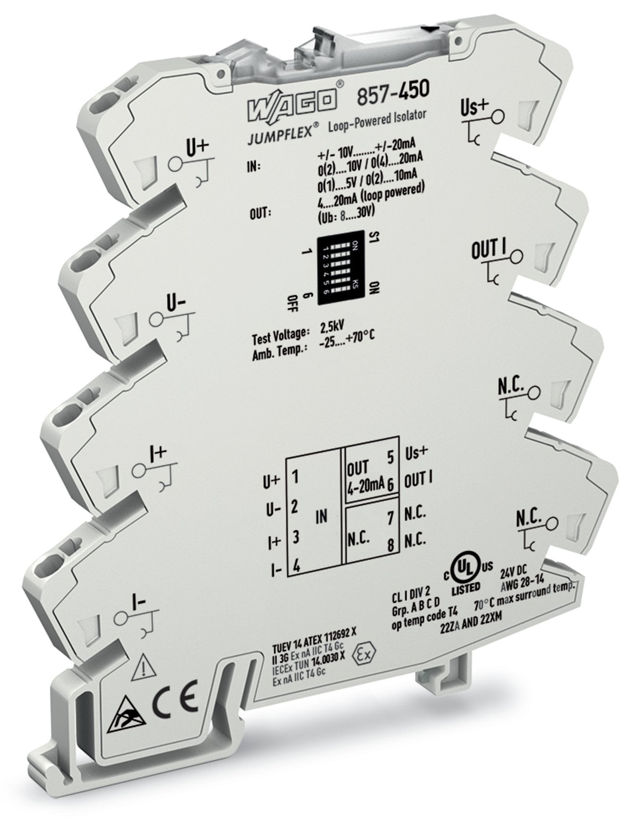 Loop-powered isolation amplifier; Bipolar current and voltage input signal; Current output signal; Configuration via DIP switch; Power via input; 6 mm module width; 2,50 mm