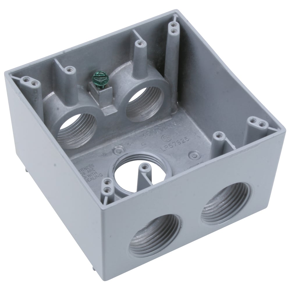 Weatherproof 2 Gang Deep Box, 5 Hole 1 37 Cu.In. with Threaded Holes,Gray (2 Holes Each End, 1 Hole in Back)
