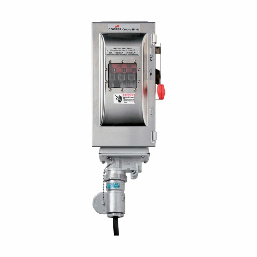 Eaton Crouse-Hinds series Arktite WSRD SM S901 interlocked receptacle, 60A, Four-wire, three-pole, Brass contacts, Windowed door, Fused, Style 2, 304 stainless steel, Threaded cap, 600 Vac