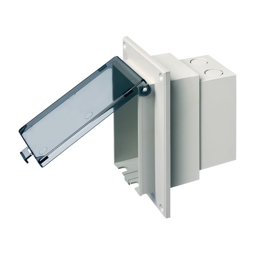 Low profile InBox for flat surface retrofit construction. With weather proof while in use Extra Duty clear cover. Single gang mounted vertically.