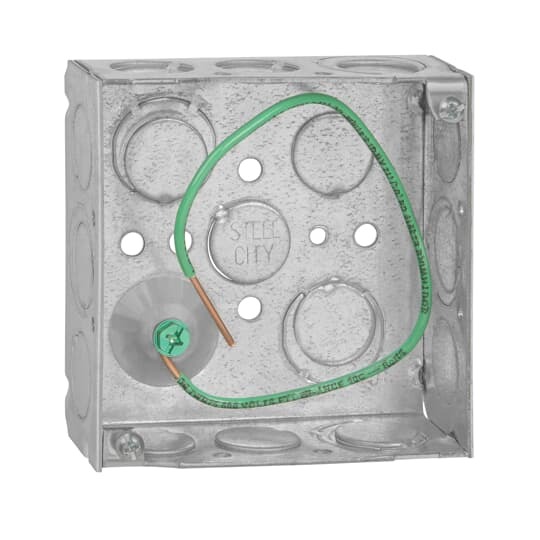 Square Box, 21 Cubic Inches, 4 Inch Square x 1-1/2 Inch Deep, 1/2 Inch and 3/4 Inch Eccentric Knockouts, Galvanized Steel, Welded Construction, with Grounding Bump and 10-1/2 Inch #12 AWG Solid Ground Wire Pigtail, For use with Conduit