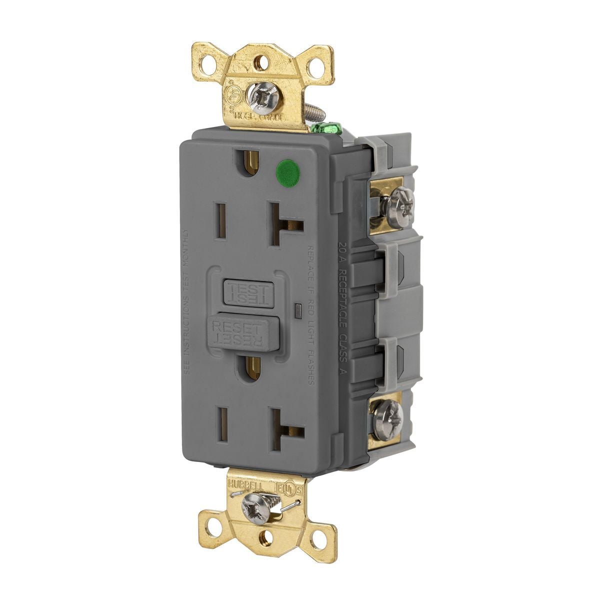 Straight Blade Devices, Receptacle, GFCI, Commercial Hospital Grade, Self Test, 20A 125V, 2-Pole 3-Wire Grounding, 5-20R, Gray