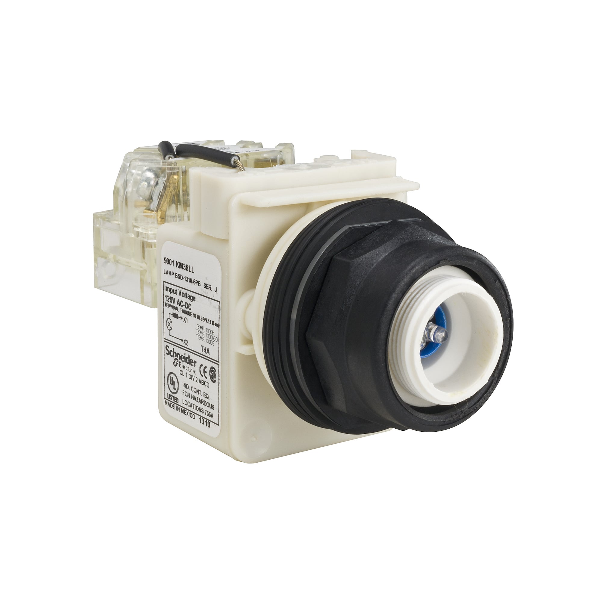 30mm push button, Type SK, push to test pilot light, 120VAC/VDC blue LED light module, no lens, NEMA 4, 4X