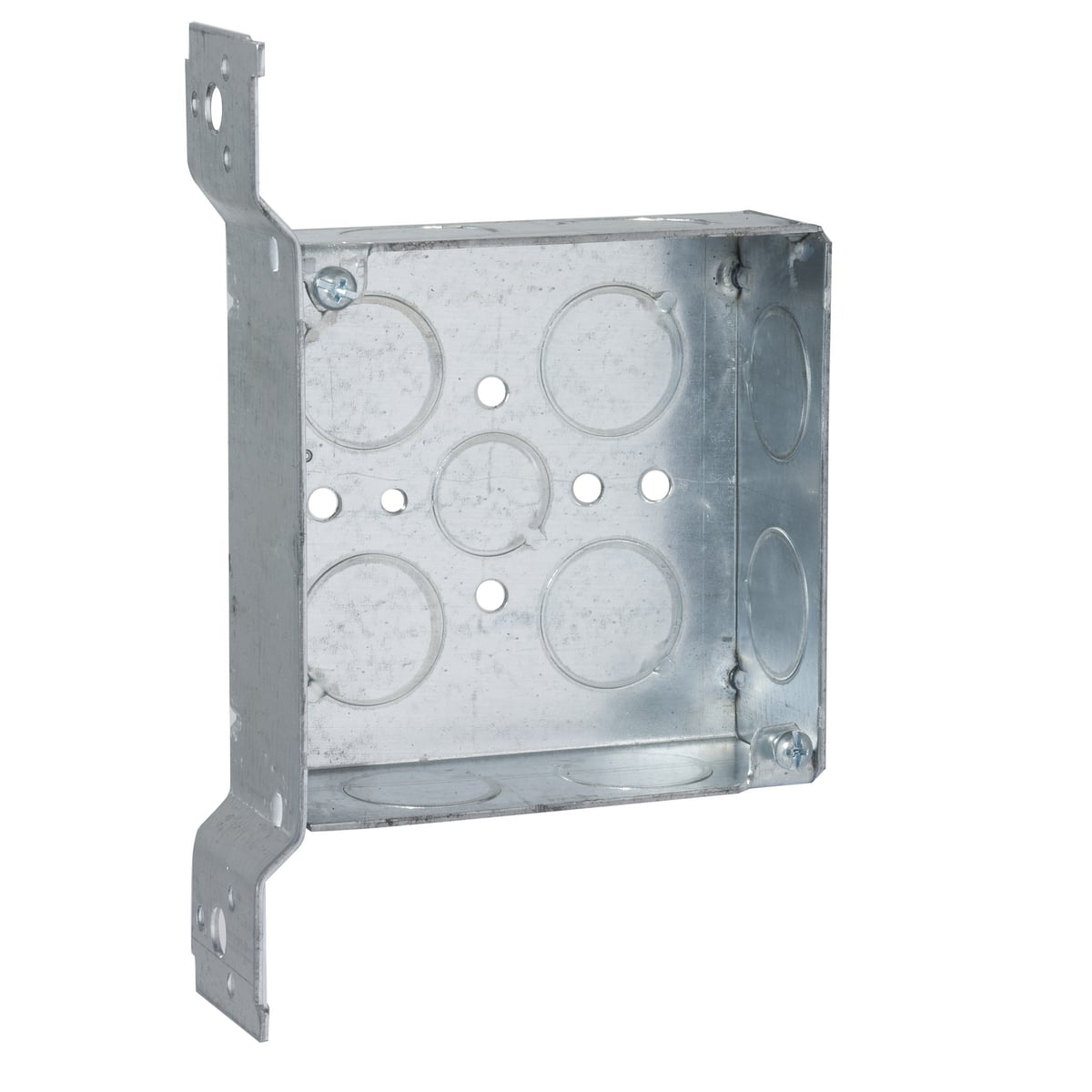 4 In. Sq. Brkt. Box, 1-1/2 In. Deep - Welded with Conduit KO's, 600V,FS,Flush 1/2-3/4 KO
