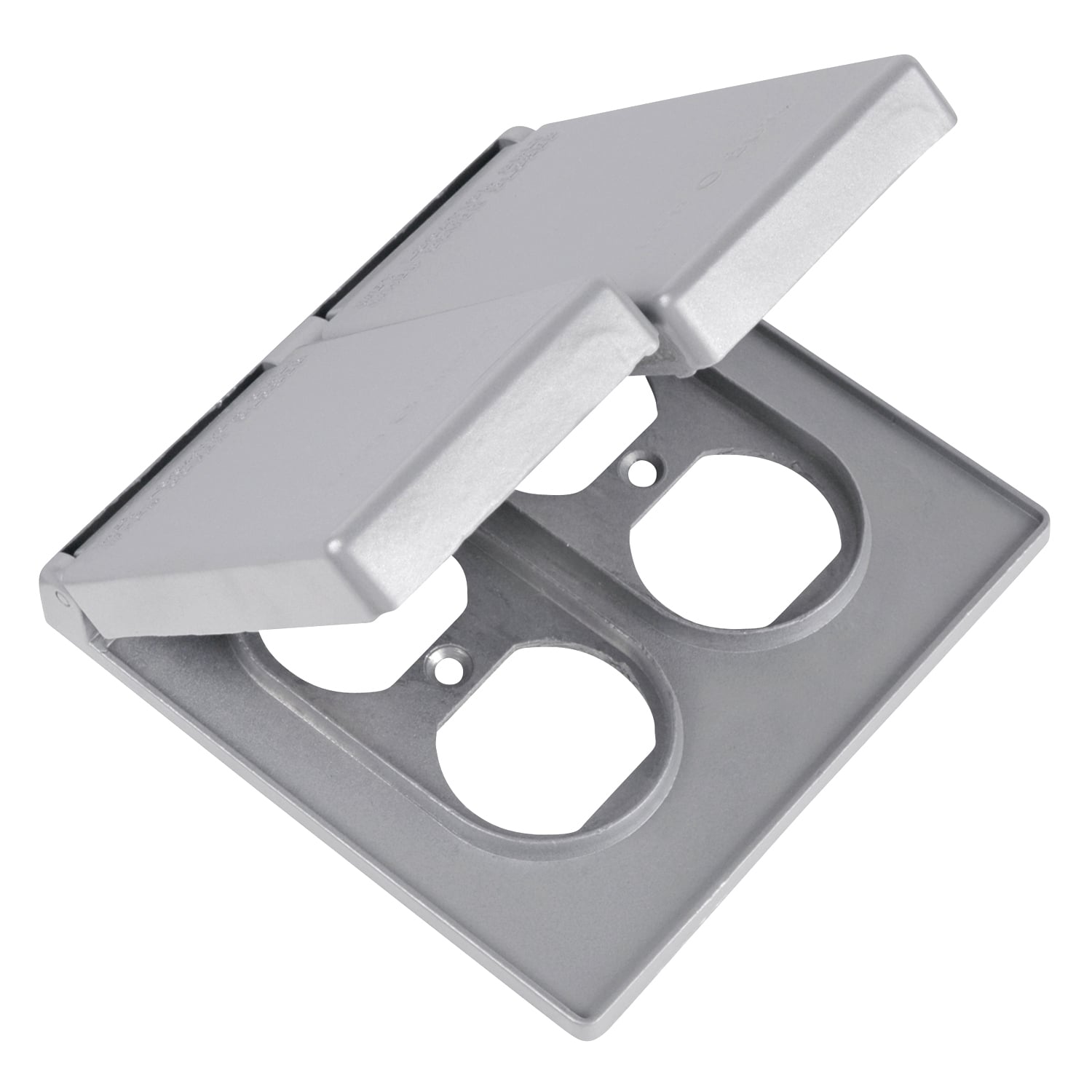 2 Gang Device Box Cover, Die Cast Aluminum, Duplex Receptacle Cover with 2 Spring Doors, Device Mount, Raintight When Used with Appropriate Box, Gasket and Screws Included with Cover