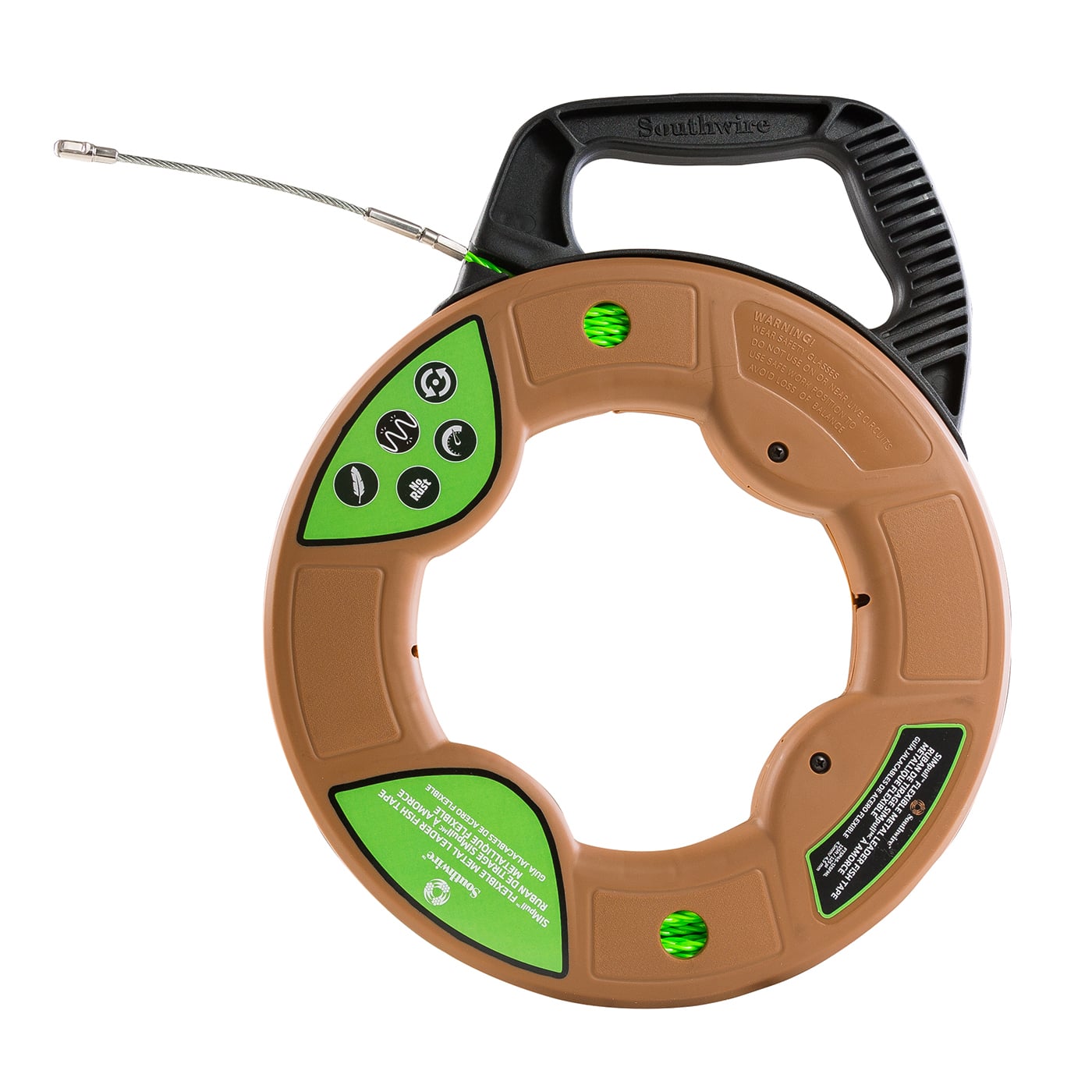 The SIMPULL Fish Tape 4.5mm 125 ft. Flexible Metal Leader, Large Case features spiral extruded polymer design reduces the amount of effort required to push or pull the fish tape through EMT or PVC conduit.