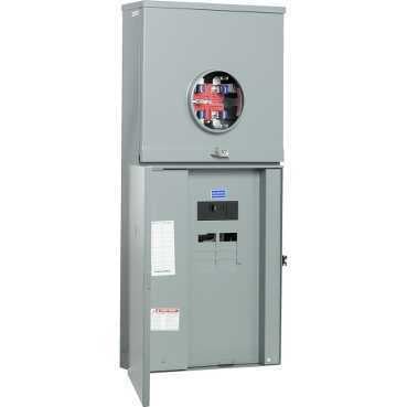 Meter mains, Homeline, combination service entrance, ringless socket, 100A, outdoor surface mount, maximum 8 spaces, 16 circuits, horn bypass