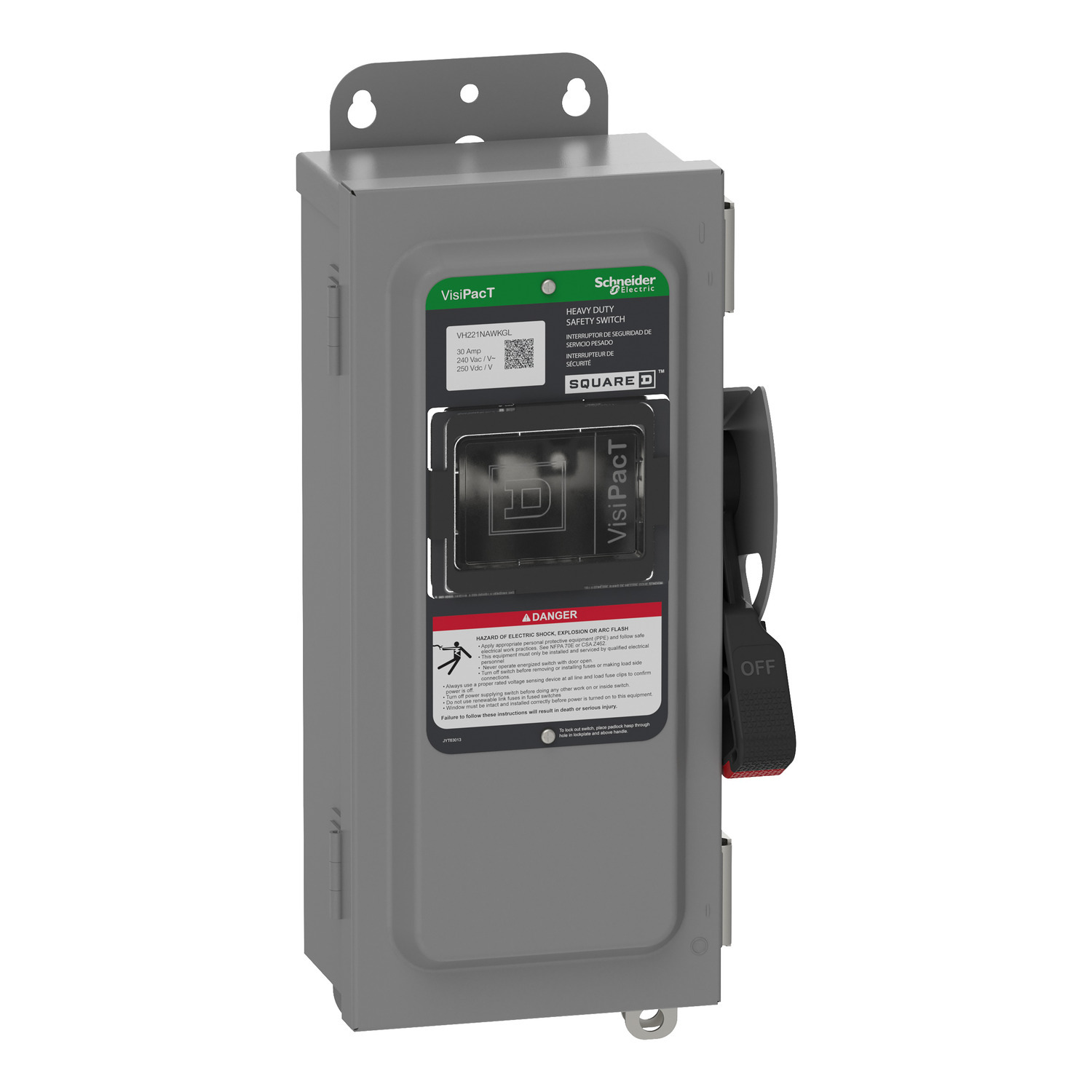 Safety switch, VisiPacT, heavy duty, fused, viewing window, NEMA 12, 240V, 30A, 2 pole, neutral installed, ground lugs