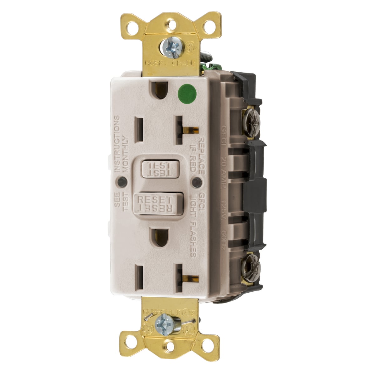 Straight Blade Devices, Receptacle, GFCI, Commercial Hospital Grade, Self Test, 20A 125V, 2-Pole 3-Wire Grounding, 5-20R, Light Almond