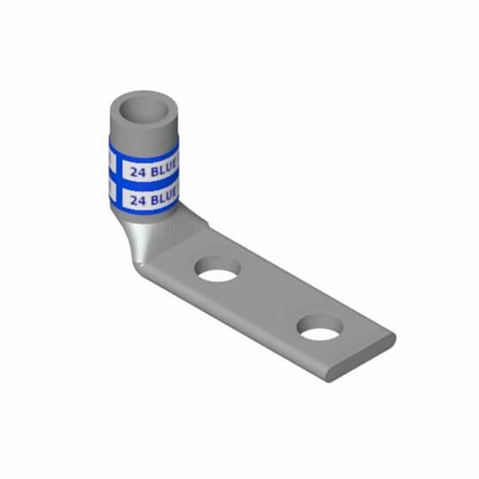 Copper Two-Hole Lug, 90 Degree Standard Barrel, Peep Hole, Max 35kV, Wire Size #2 AWG, 1/4 Inch Bolt Size, 5/8 Inch Hole Spacing, Tin Plated, Die Code 33, Die Color Code Brown