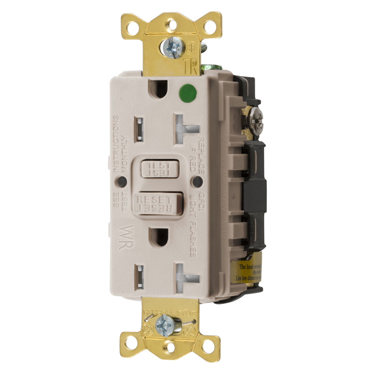 Straight Blade Devices, Receptacle, GFCI, Tamper and Weather Resistant, Commercial Hospital Grade, Self Test, 20A 125V, 2-Pole 3-Wire Grounding, 5-20R, Light Almond