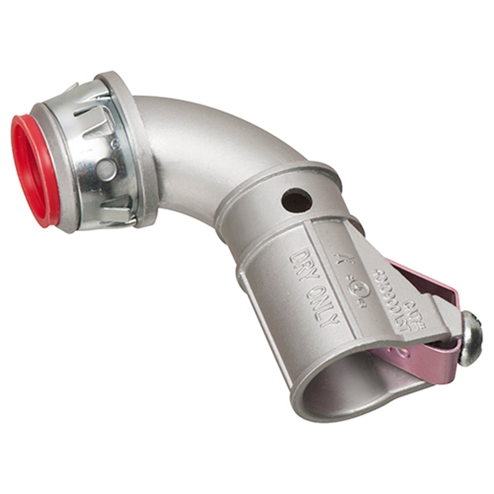 Zinc die-cast, 1/2" Knockout MC cable connector snaps quickly on to the conduit with a removable screw in spring steel clip and then snaps into knockout with external spring steel clip, no tools required. Concrete tight when taped. Red tinted internal clip indicates easier insertion of conduit and comes with Insulated throat. 90 degree connector