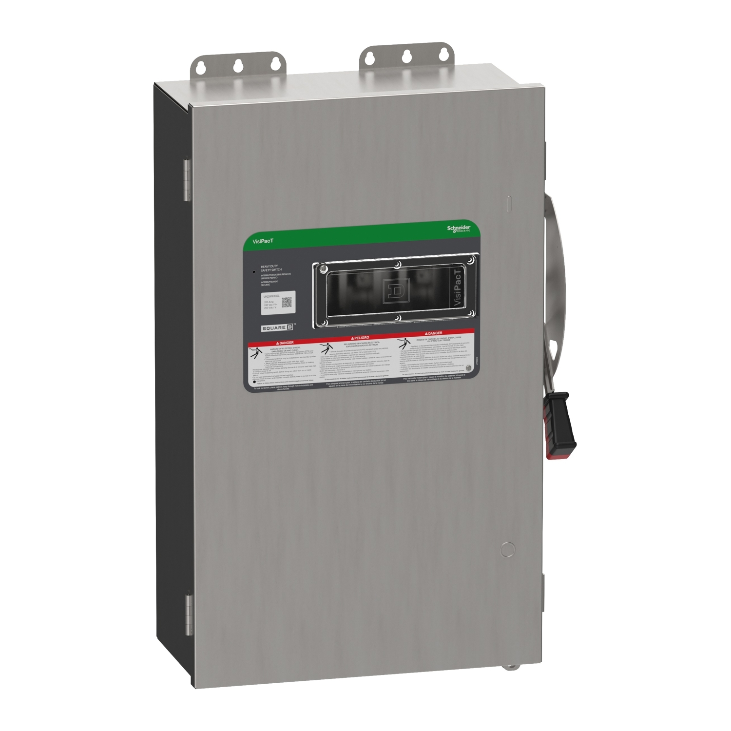 Safety switch, VisiPacT, heavy duty, fused, viewing window, NEMA 4X, 240V, 200A, 2 pole, neutral installed, ground lugs