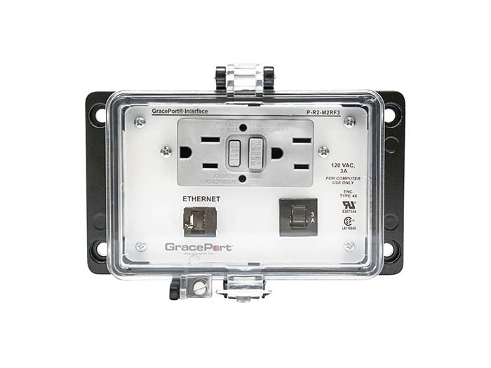 PANEL INTERFACE CONNECTOR WITH CATEGORY 5E RJ45, STAINLESS STEEL PANEL MOUNT HOUSING, GFCI DUPLEX INSIDE-OUTLET, 5 AMP CIRCUIT BREAKER