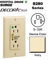 15 Amp, 125 Volt, NEMA 5-15R, 2P, 3W, Decora Plus Duplex Receptacle, Straight Blade, Hospital Grade, Self Grounding, Surge w/ Indicator Light & Audible Alarm, Back & Side Wired, Steel Strap, - Ivory